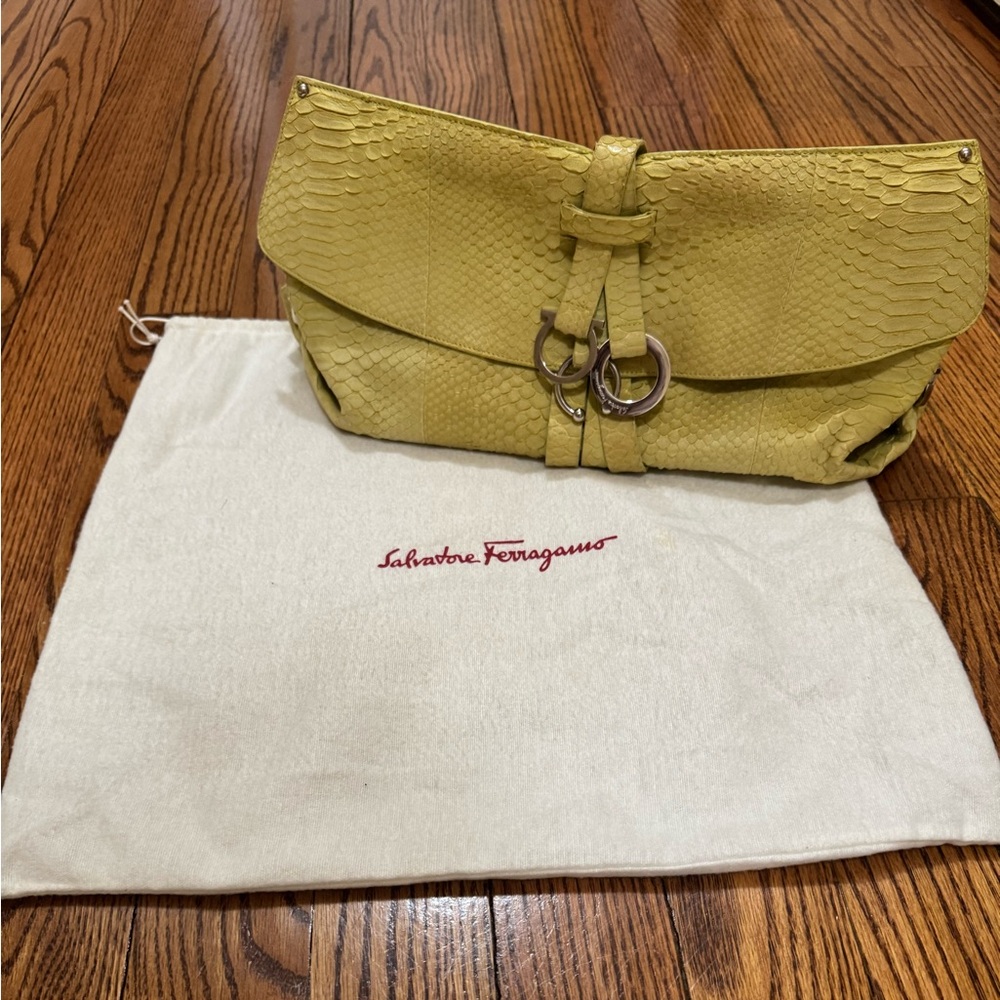 Salvatore Ferragamo Lime Green Shoulder Bag Python Snakeskin with dust bag